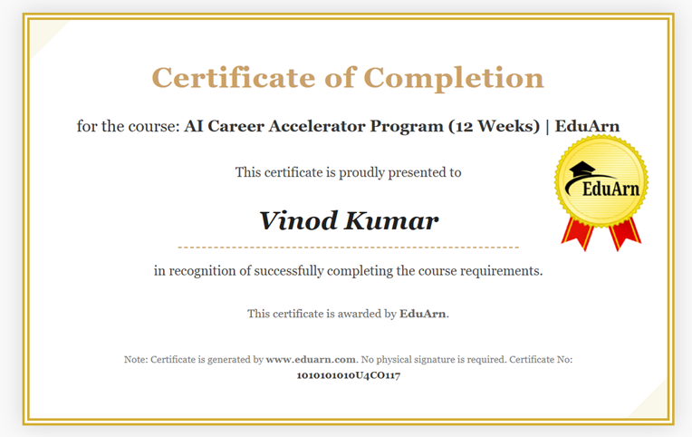 Eduarn AI ML Career Accelerator Program Completion Certificate